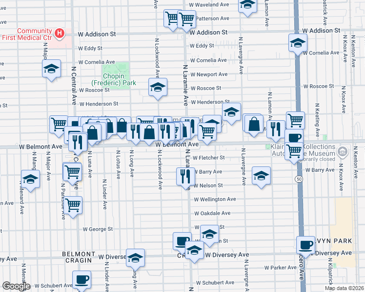 map of restaurants, bars, coffee shops, grocery stores, and more near 5219 West Belmont Avenue in Chicago