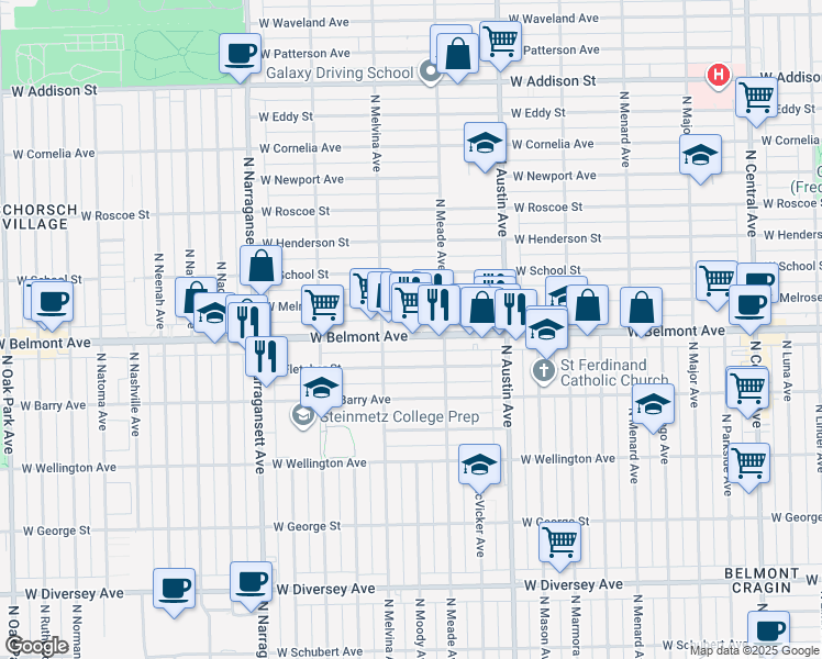 map of restaurants, bars, coffee shops, grocery stores, and more near 6132 West Belmont Avenue in Chicago