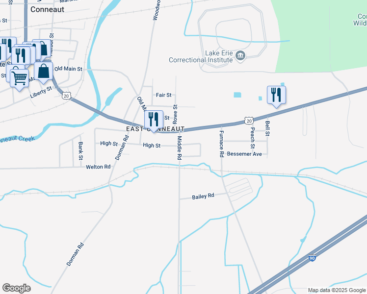 map of restaurants, bars, coffee shops, grocery stores, and more near 10 Biscoff Avenue in Conneaut