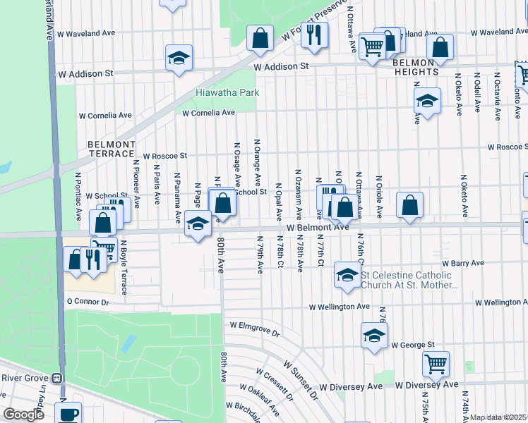 map of restaurants, bars, coffee shops, grocery stores, and more near 3223 North Orange Avenue in Chicago