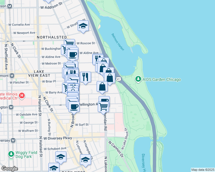 map of restaurants, bars, coffee shops, grocery stores, and more near 3121 North Sheridan Road in Chicago