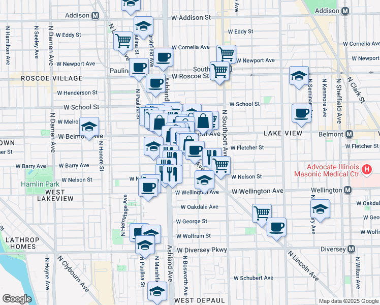 map of restaurants, bars, coffee shops, grocery stores, and more near 3134 North Lincoln Avenue in Chicago