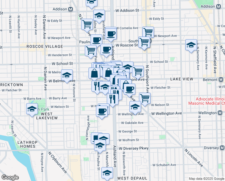 map of restaurants, bars, coffee shops, grocery stores, and more near 3118 N Ashland Ave in Chicago