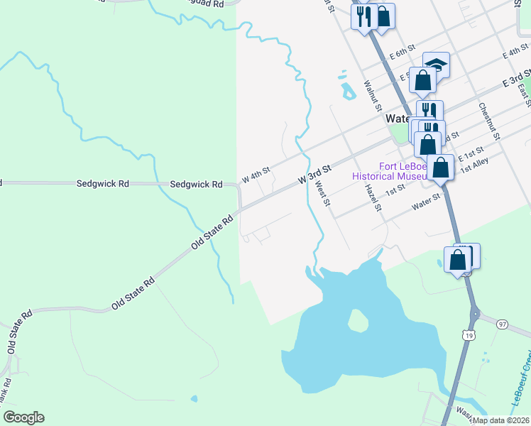 map of restaurants, bars, coffee shops, grocery stores, and more near 423 W 3rd St in Waterford