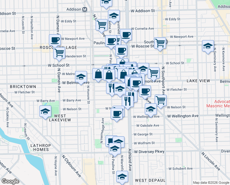 map of restaurants, bars, coffee shops, grocery stores, and more near 1647 West Fletcher Street in Chicago