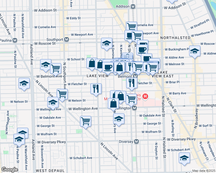 map of restaurants, bars, coffee shops, grocery stores, and more near 3116 North Seminary Avenue in Chicago