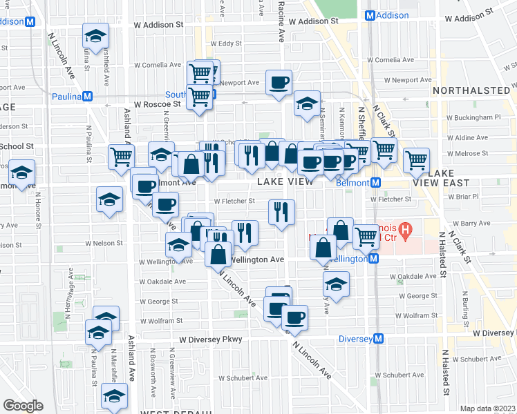 map of restaurants, bars, coffee shops, grocery stores, and more near 1223 West Fletcher Street in Chicago