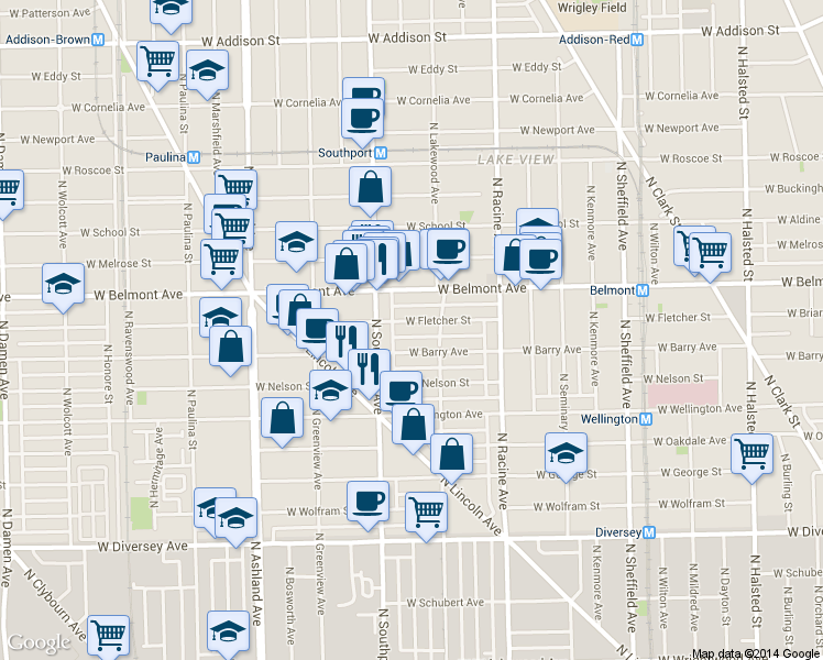 map of restaurants, bars, coffee shops, grocery stores, and more near 1347 West Fletcher Street in Chicago
