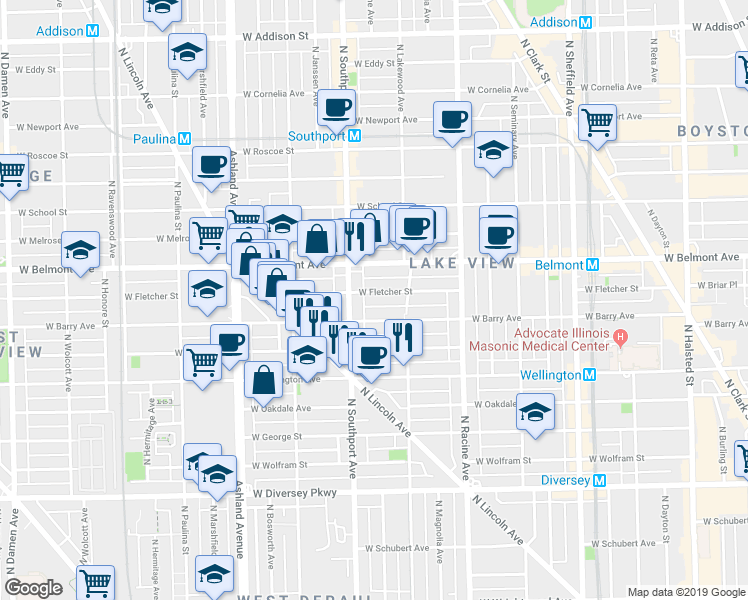 map of restaurants, bars, coffee shops, grocery stores, and more near 1347 West Fletcher Street in Chicago