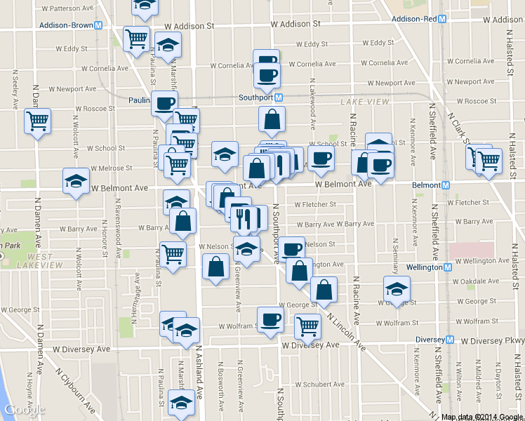 map of restaurants, bars, coffee shops, grocery stores, and more near 1415 West Fletcher Street in Chicago