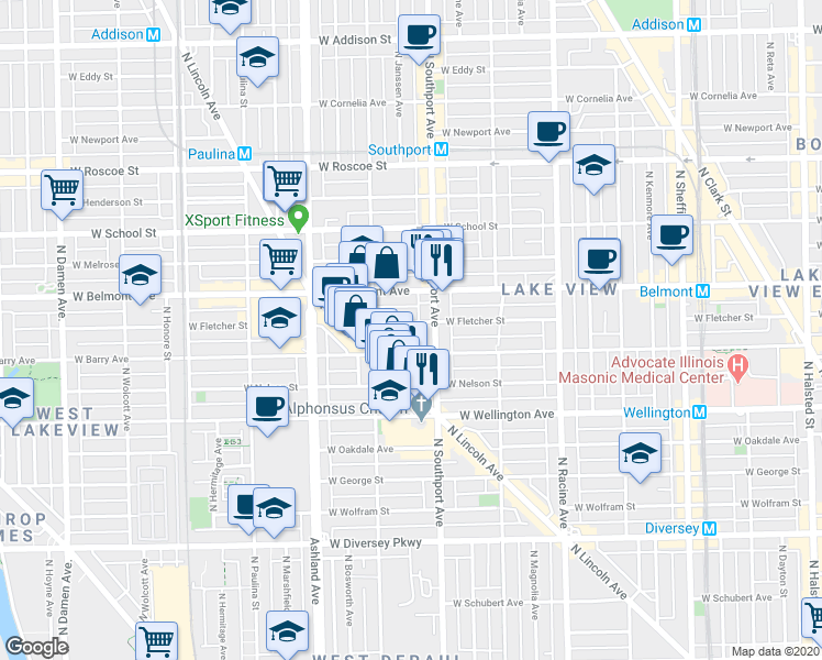 map of restaurants, bars, coffee shops, grocery stores, and more near 1415 West Fletcher Street in Chicago