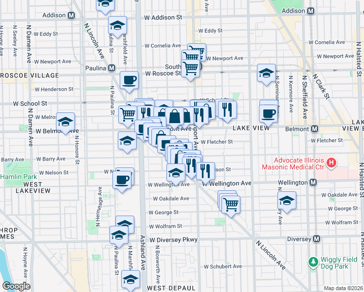 map of restaurants, bars, coffee shops, grocery stores, and more near 1415 West Fletcher Street in Chicago