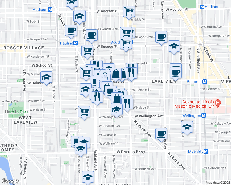 map of restaurants, bars, coffee shops, grocery stores, and more near 1455 West Fletcher Street in Chicago