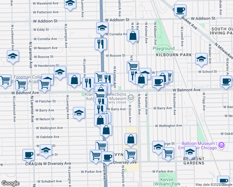 map of restaurants, bars, coffee shops, grocery stores, and more near 4743 West Belmont Avenue in Chicago