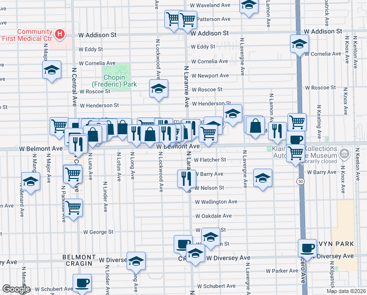 map of restaurants, bars, coffee shops, grocery stores, and more near 5219 West Belmont Avenue in Chicago