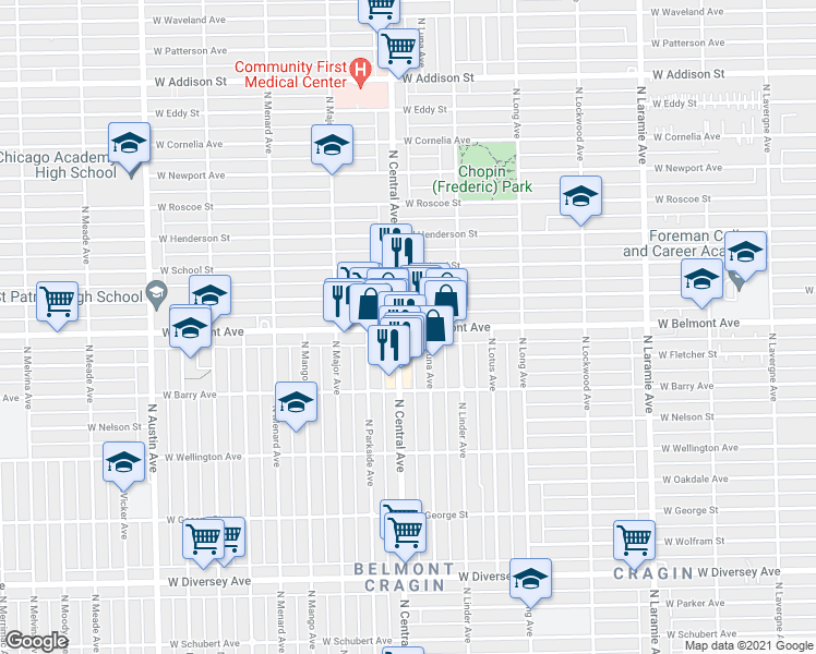 map of restaurants, bars, coffee shops, grocery stores, and more near in Chicago
