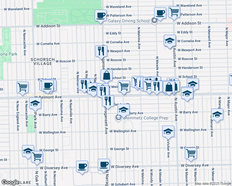 map of restaurants, bars, coffee shops, grocery stores, and more near 6324 West Belmont Avenue in Chicago