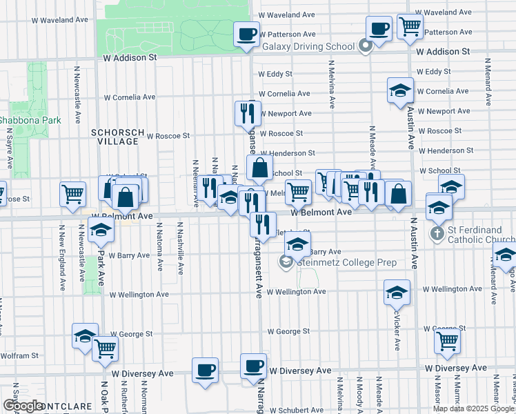 map of restaurants, bars, coffee shops, grocery stores, and more near 3195 North Narragansett Avenue in Chicago