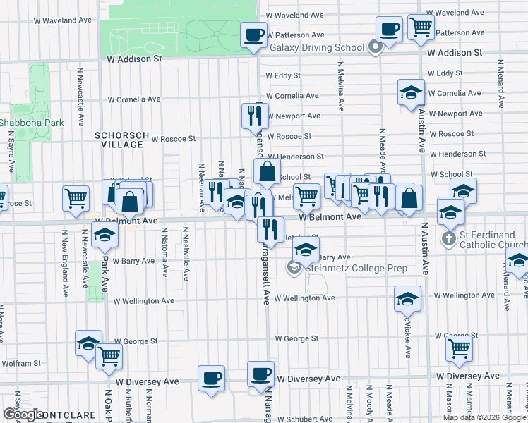 map of restaurants, bars, coffee shops, grocery stores, and more near 3195 North Narragansett Avenue in Chicago