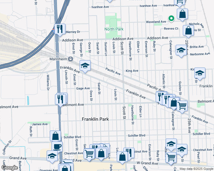 map of restaurants, bars, coffee shops, grocery stores, and more near 10031 Franklin Avenue in Franklin Park
