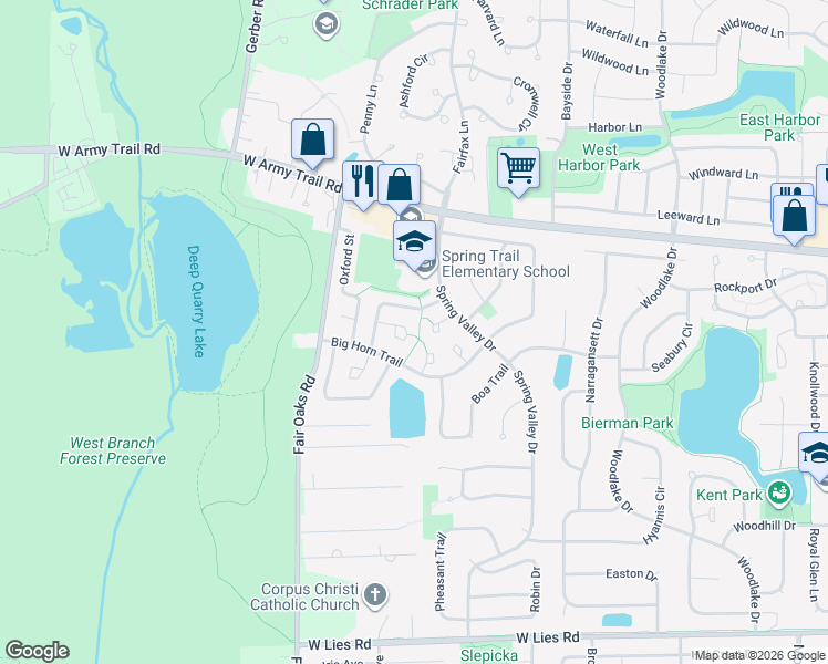 map of restaurants, bars, coffee shops, grocery stores, and more near 1383 Potomac Court in Carol Stream