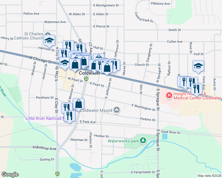 map of restaurants, bars, coffee shops, grocery stores, and more near 94 East Pearl Street in Coldwater