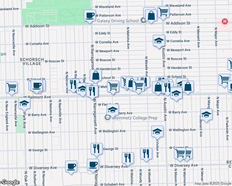 map of restaurants, bars, coffee shops, grocery stores, and more near 6248 West Belmont Avenue in Chicago