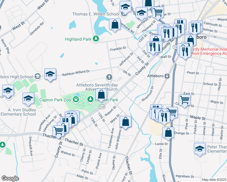 map of restaurants, bars, coffee shops, grocery stores, and more near 15 Dennis Street in Attleboro