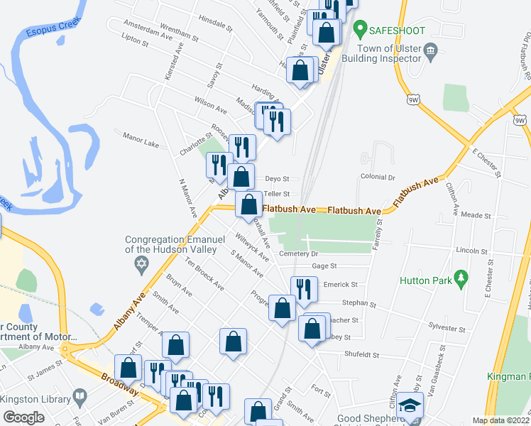 map of restaurants, bars, coffee shops, grocery stores, and more near 67 Flatbush Avenue in Kingston