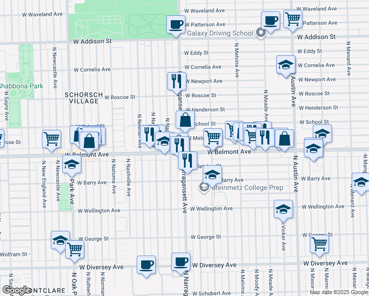 map of restaurants, bars, coffee shops, grocery stores, and more near 3195 North Narragansett Avenue in Chicago