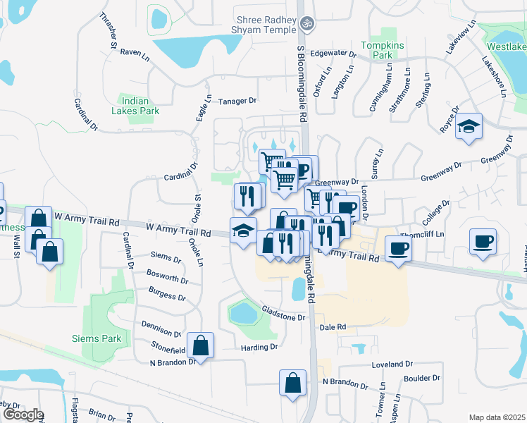 map of restaurants, bars, coffee shops, grocery stores, and more near 183 Lake Ridge Drive in Glendale Heights