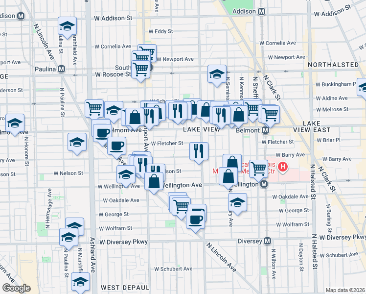 map of restaurants, bars, coffee shops, grocery stores, and more near 1223 West Fletcher Street in Chicago