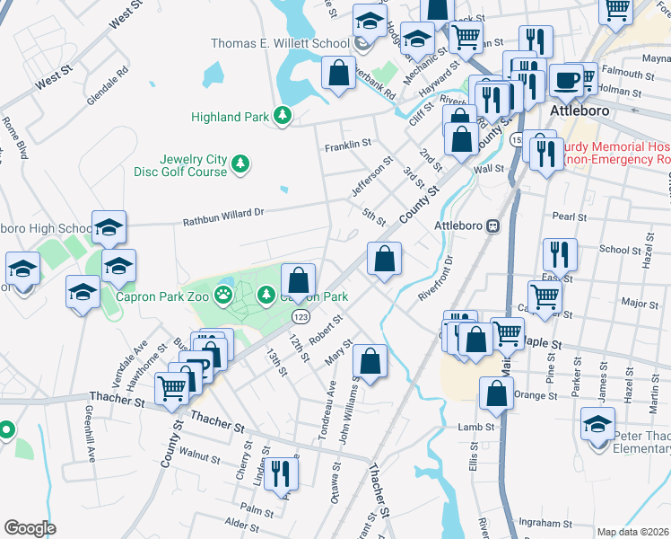 map of restaurants, bars, coffee shops, grocery stores, and more near 12 Eldridge Street in Attleboro
