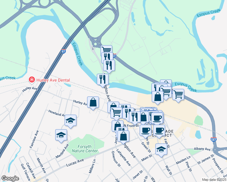 map of restaurants, bars, coffee shops, grocery stores, and more near 500 Washington Avenue in Kingston