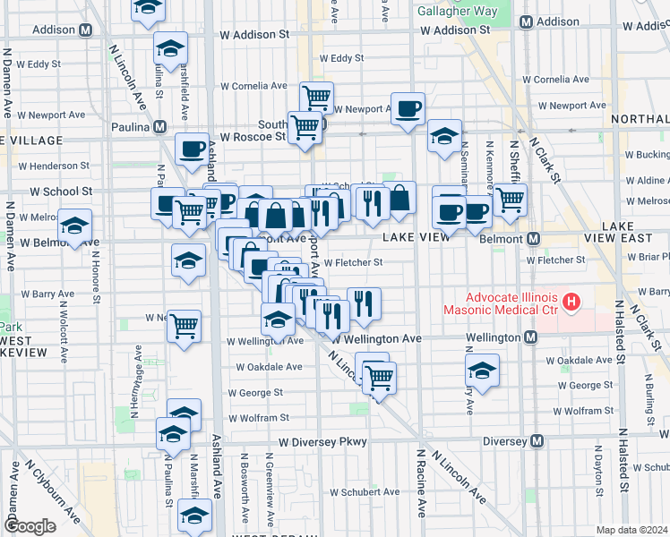 map of restaurants, bars, coffee shops, grocery stores, and more near 1341 West Fletcher Street in Chicago