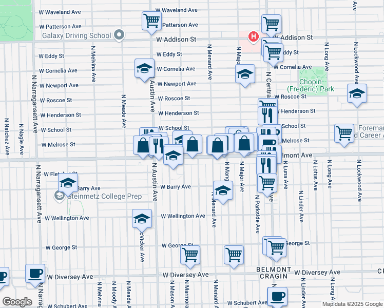 map of restaurants, bars, coffee shops, grocery stores, and more near 5835 West Belmont Avenue in Chicago