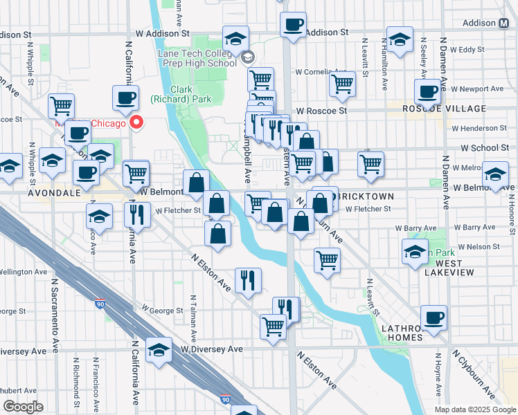 map of restaurants, bars, coffee shops, grocery stores, and more near 2456 West Fletcher Street in Chicago