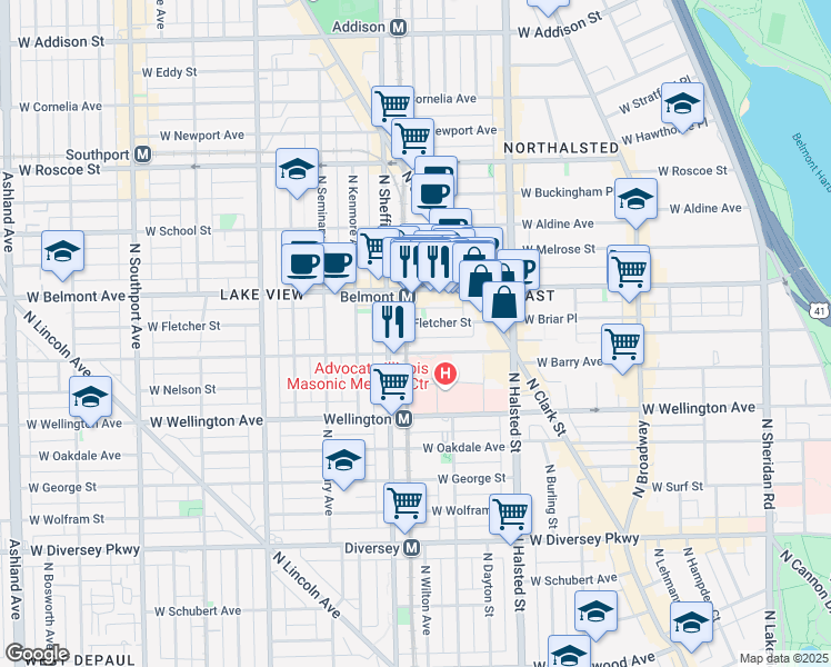 map of restaurants, bars, coffee shops, grocery stores, and more near 933 West Fletcher Street in Chicago