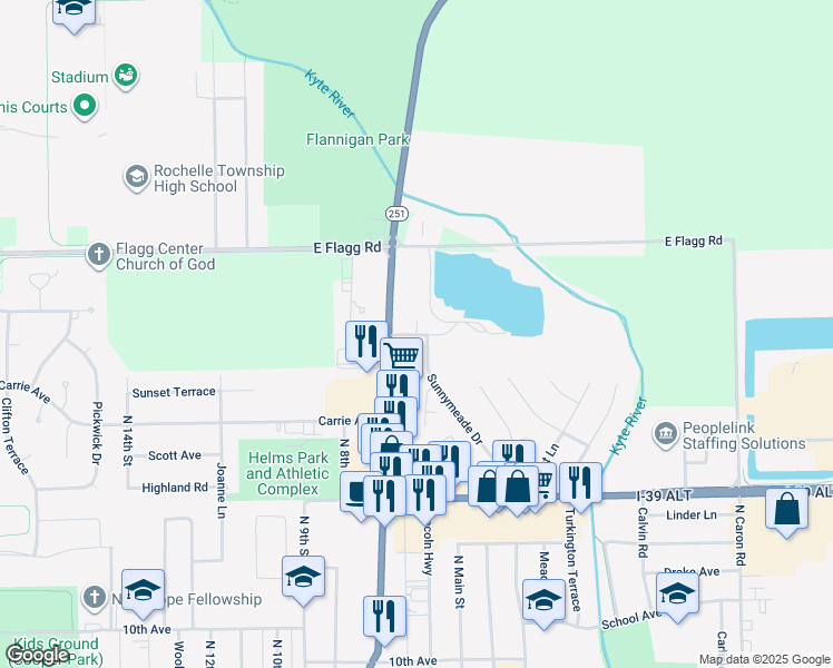 map of restaurants, bars, coffee shops, grocery stores, and more near 559 Fairview Drive in Rochelle