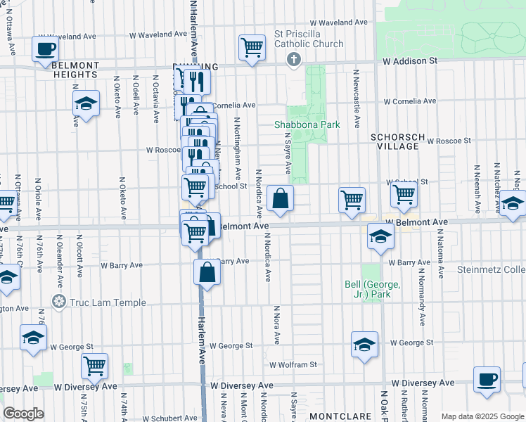 map of restaurants, bars, coffee shops, grocery stores, and more near 7034 West Belmont Avenue in Chicago