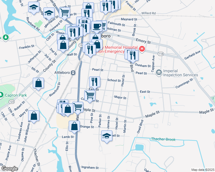 map of restaurants, bars, coffee shops, grocery stores, and more near 50 East Street in Attleboro