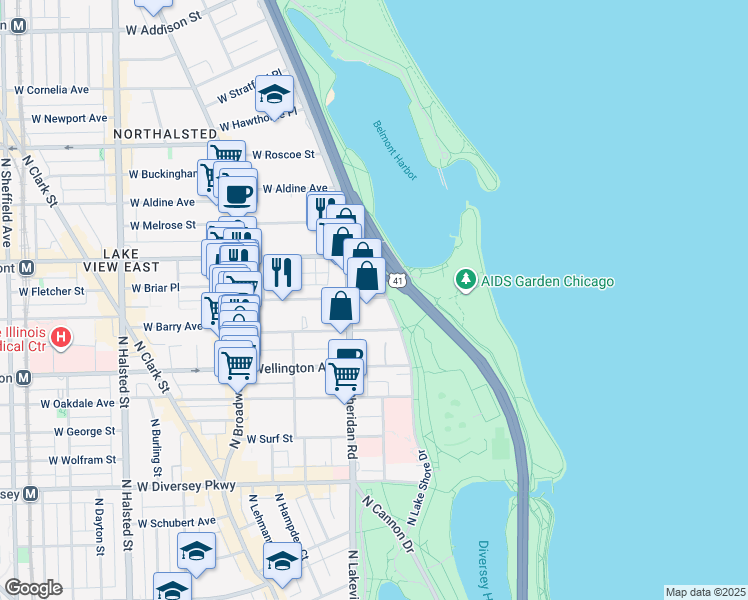 map of restaurants, bars, coffee shops, grocery stores, and more near in Chicago