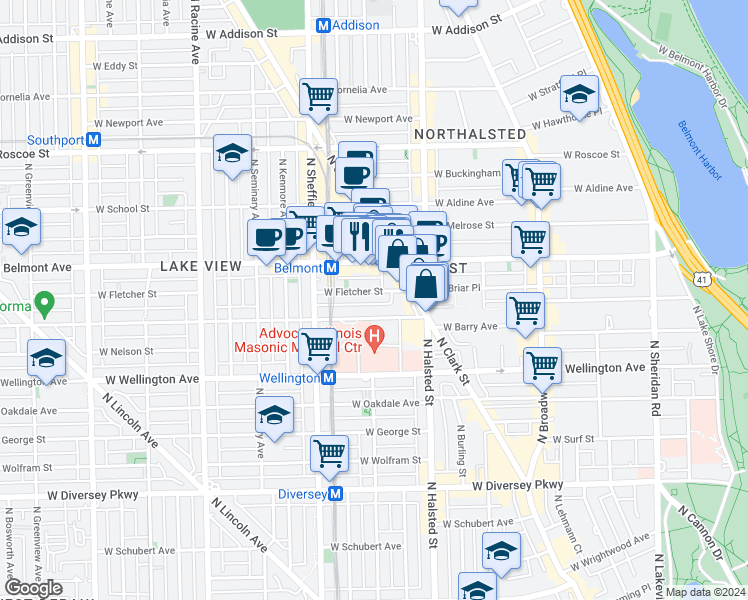 map of restaurants, bars, coffee shops, grocery stores, and more near 846 West Barry Avenue in Chicago