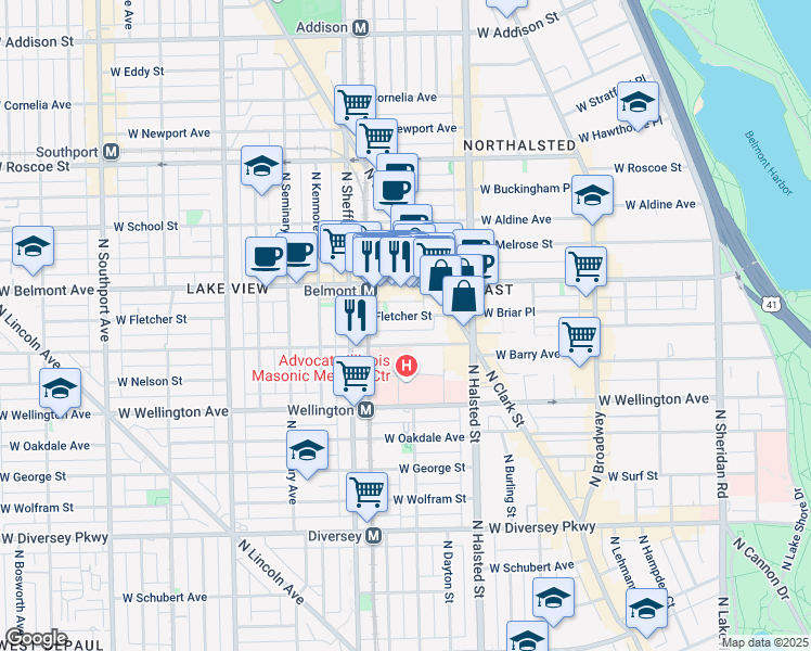 map of restaurants, bars, coffee shops, grocery stores, and more near 920 West Barry Avenue in Chicago