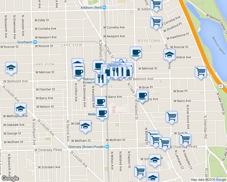 map of restaurants, bars, coffee shops, grocery stores, and more near 920 West Barry Avenue in Chicago
