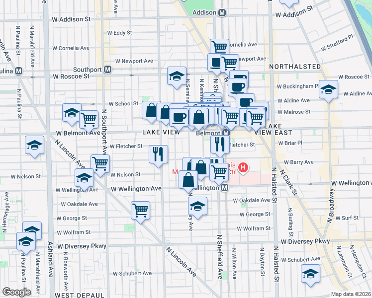 map of restaurants, bars, coffee shops, grocery stores, and more near 3116 North Seminary Avenue in Chicago