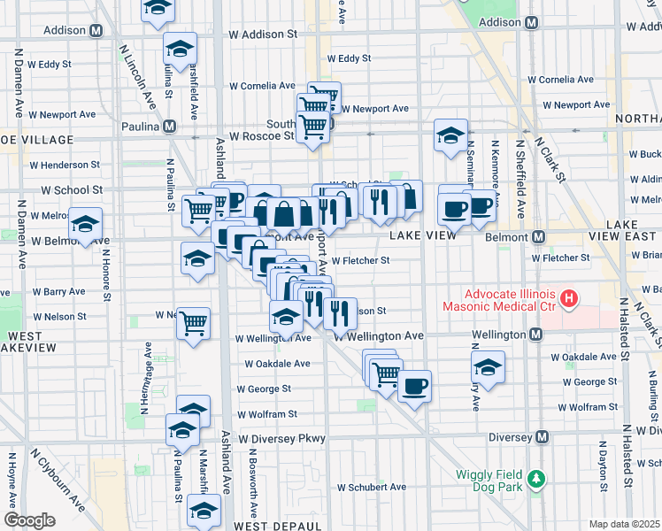 map of restaurants, bars, coffee shops, grocery stores, and more near 1347 West Fletcher Street in Chicago