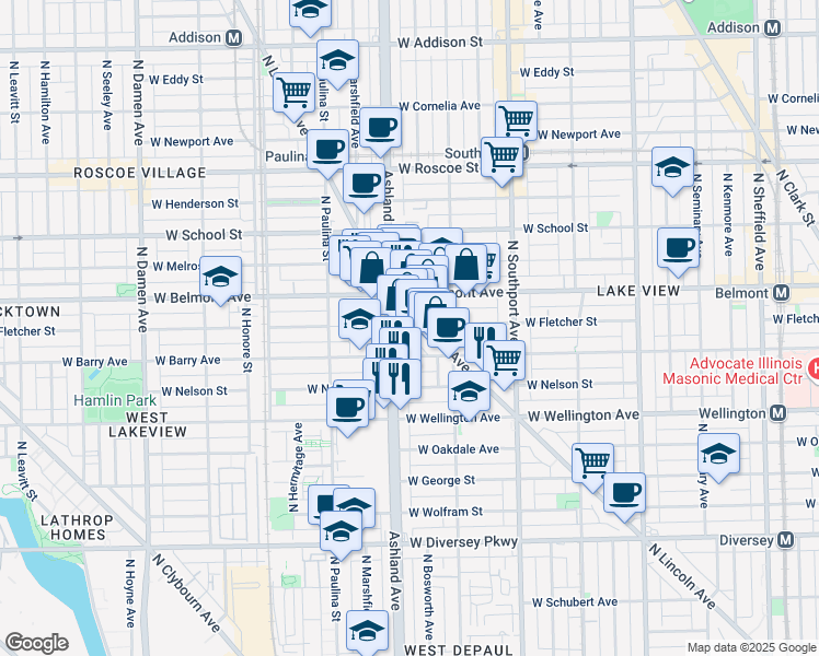 map of restaurants, bars, coffee shops, grocery stores, and more near 3134 North Lincoln Avenue in Chicago