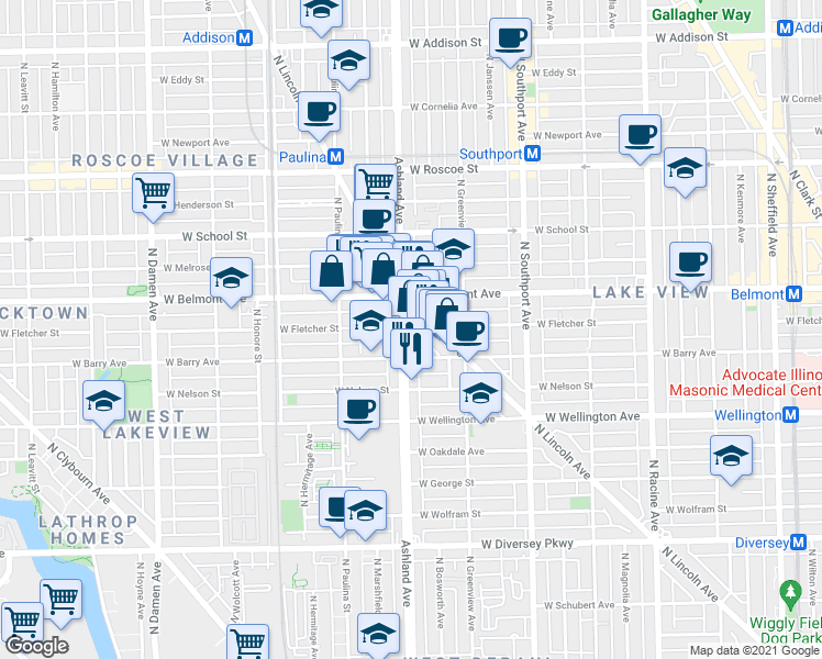 map of restaurants, bars, coffee shops, grocery stores, and more near 3118 North Ashland Avenue in Chicago