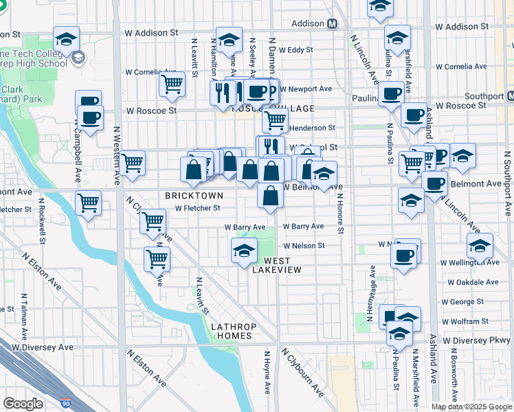 map of restaurants, bars, coffee shops, grocery stores, and more near 2031 West Fletcher Street in Chicago